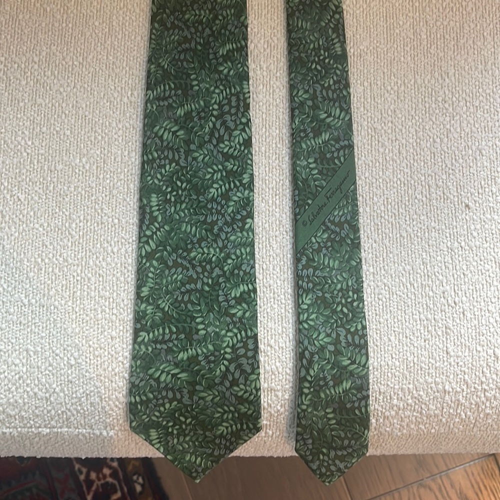 Ferragamo green 3” wide “foliage” tie—narrowed and repointed in great condition